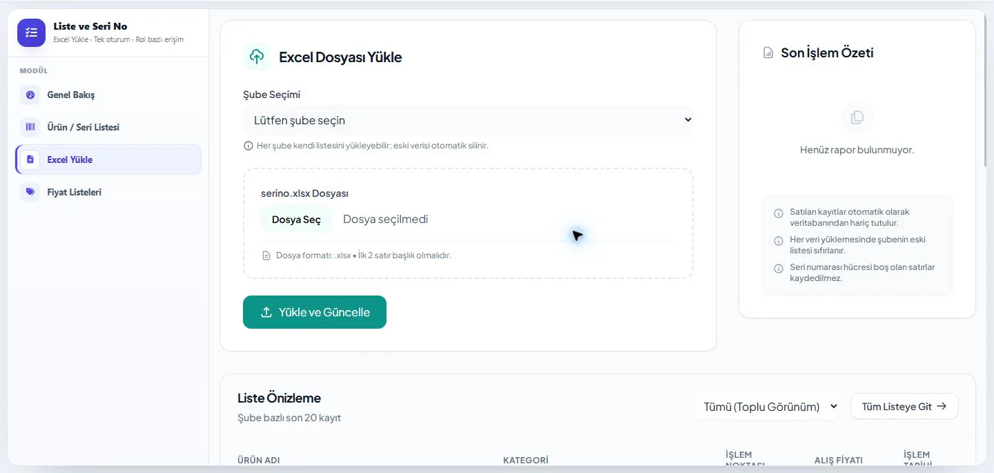 Device and serial-number list module with branch-scoped spreadsheet import and a validation summary.