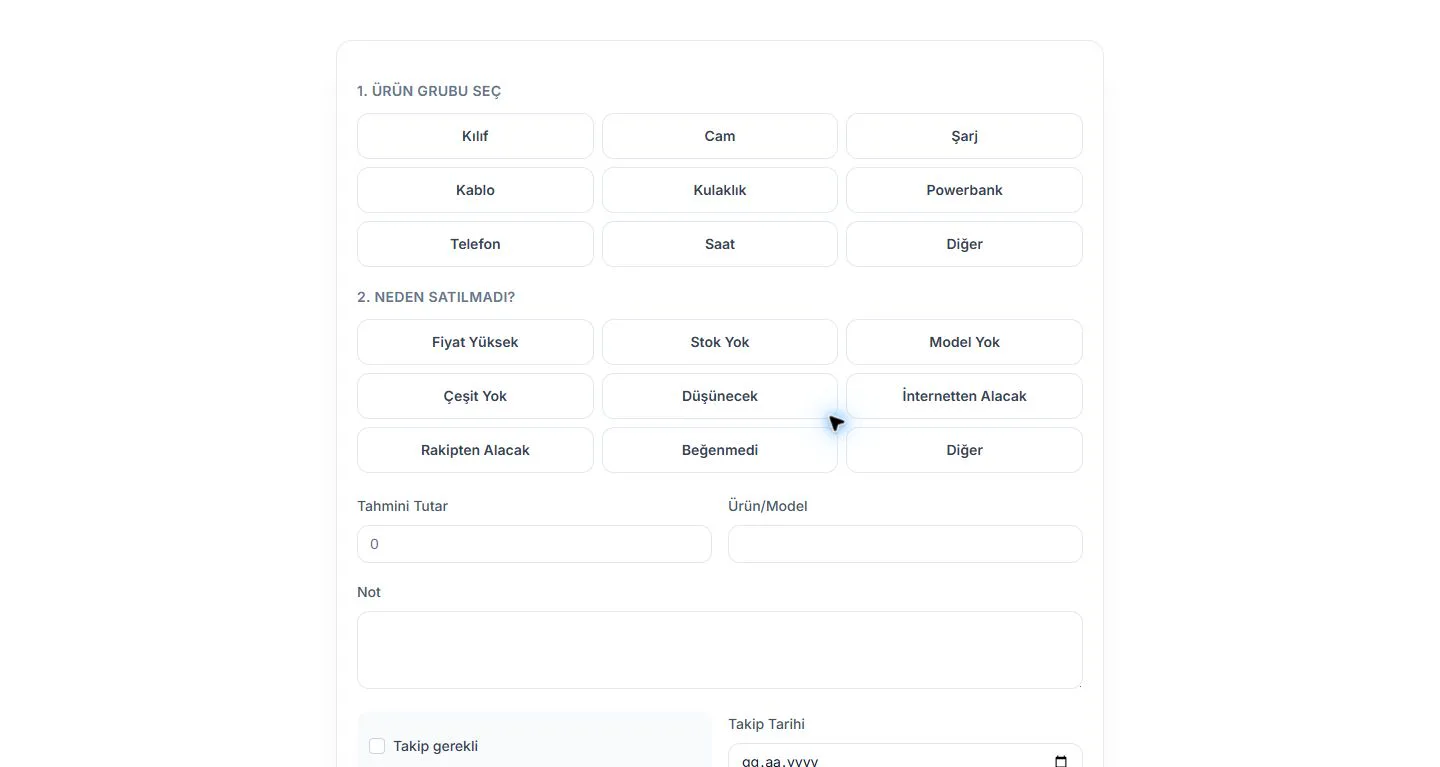 Fast lost-sales form capturing product group, reason, estimated value, model, notes and follow-up status.